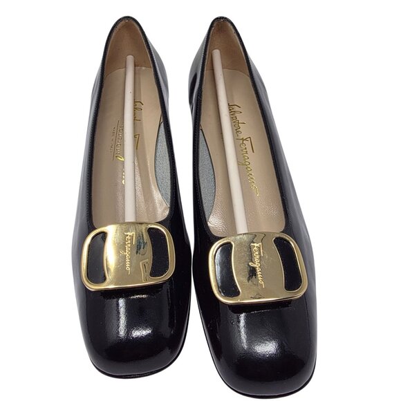 Salvatore Ferragamo Black Patent Leather Heels With Gold Buckle Size 7AA - Picture 2 of 9